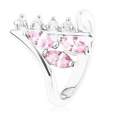 Inel lucios argintiu, brațe cu capete curbate, zirconii transparente și roz - Marime inel: 49