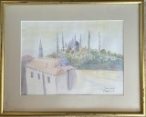 Lucrare mare /acuarelă Moscheea Albastra Istanbul, semnat si datat, inramat profesionist / rama, sticla, paspartu / 53 x 43 cm, luminos decorativ