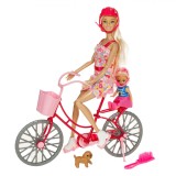 Set Papusi Betty, Manechin Cu Bicicleta, Copil si Caine, Multicolor, 3 Piese, Plastic, Oem