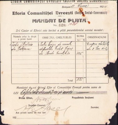 A1075 Mandat Eforia Comunității Evreiești Botoșani, 1924 foto