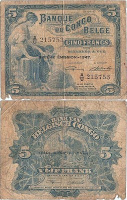 1947 (10 IV), 5 francs (P-13 Ad) - Congo Belgian foto