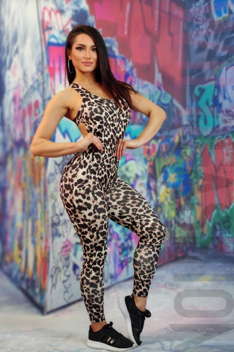 B700-998 Salopeta casual din material elastic cu print leopard