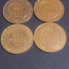 Lot 4 monede Australia, One 1 penny 1933 + 1934 + 1935 + 1936 stare foarte buna