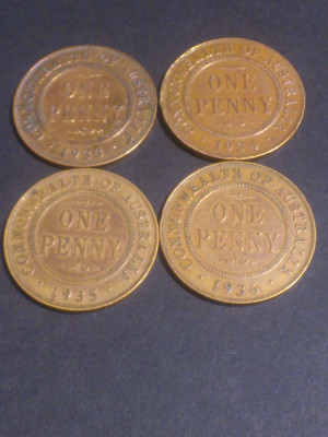 Lot 4 monede Australia, One 1 penny 1933 + 1934 + 1935 + 1936 stare foarte buna foto