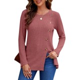 Tricouri de damă UK, m&acirc;neci lungi, bluze ușoare, largi, casual, tricouri tunici de toamnă și iarnă, guler rotund, cu nasturi pe lateral