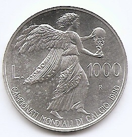 San Marino 1000 Lire 1990 (World Cup) Argint 14.6 g/835, 31.40 mm, KM-247 (1) foto