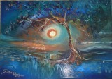 Pictură originală ulei pe p&acirc;nză &bdquo;Copacul lunii deasupra apei&rdquo; 60x42 cm. Certificat cu semnătura și ștampila artistului