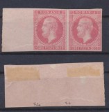 ROMANIA 1872 Carol I emisiunea Paris timbru nedantelat 50 bani in pereche orizontala rara cu margine de coala MLH, guma originala, Istorie, Nestampilat