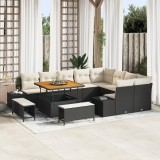 Set de canapele pentru gradina cu 12 piese si perne negru rattan poliester acacia, set de masa pentru gradina cu 3 piese si perne negru rattan poliest