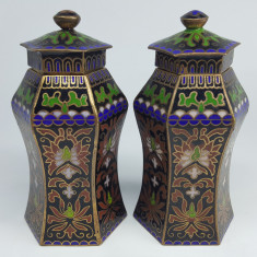 Set (RAR) vase foarte vechi, vintage bronz si email - CLOISONNE