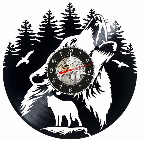 Ceas de perete decorativ realizat din disc de vinil, Model Lup Urland la Luna, Padure de Brazi si Pui de Lup, Cadran Skeleton, Negru, 30 cm
