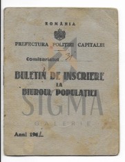 PREFECTURA POLITIEI CAPITALEI, BULETIN DE INSCRIERE LA BIROUL POPULATIEI, 1941 foto