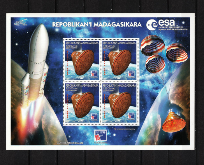 Madagascar, 1999 | ESA - Prima poştă europeană din Cosmos | Bloc 4v - MNH | aph