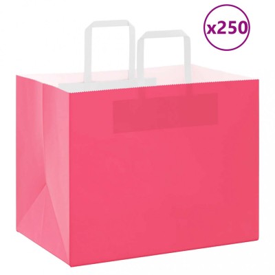 vidaXL Pungi de h&amp;acirc;rtie 250 buc cu m&amp;acirc;nere roz 32x22x24 cm foto