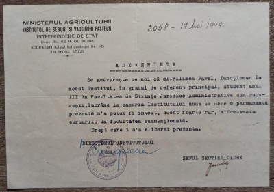 Adeverinta Institutul de Seruri si Vaccinuri Pasteur 1949 foto