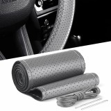Husa volan din PIELE GRI + ATA GRI, diametru 37 - 39 cm (se coase, aspect