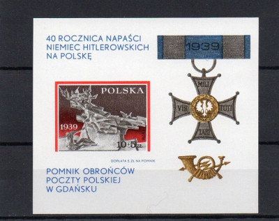 Polonia, medalii, 40 ani de la invazia germana, bloc, 1979, MNH foto