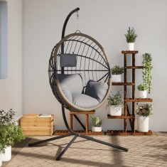 Scaun suspendat tip ou, cu suport, gri deschis, ratan si otel GartenMobel Dekor foto