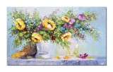 Cumpara ieftin Tablou 3D living, dormitor Vaza cu trandafiri galbeni pictat manual, 100x60cm ulei pe panza efect 3D, Valentin Pop