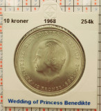 Danemarca 10 kroner 1968 argint - Wedding of Princess Benedikte - km 857 - G011, Europa