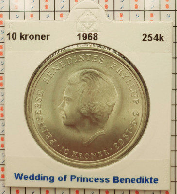 Danemarca 10 kroner 1968 argint - Wedding of Princess Benedikte - km 857 - G011 foto