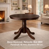 Masa living si bucatarie rotunda Montreal, cadru lemn masiv, MDF furniruit, 4 persoane, 90x73.8 cm, nuc