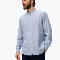 Camasa barbati din amestec de in si bumbac cu tunica si imprimeu in dungi albastru deschis XL, Albastru deschis, XL INTL
