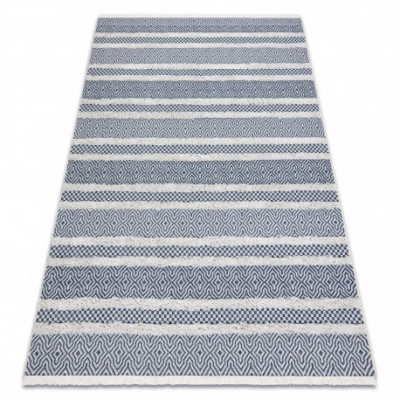 Covor ECO SISAL BOHO MOROC Linii 22328 franjuri - două niveluri de l&amp;acirc;nă cremă / albastru inchis, covor reciclat, 117x170 cm foto