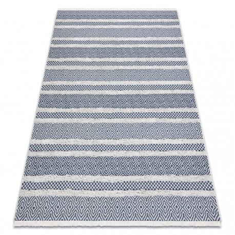 Covor ECO SISAL BOHO MOROC Linii 22328 franjuri - două niveluri de l&acirc;nă cremă / albastru inchis, covor reciclat, 194x290 cm