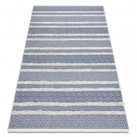 Covor ECO SISAL BOHO MOROC Linii 22328 franjuri - două niveluri de l&acirc;nă cremă / albastru inchis, covor reciclat, 117x170 cm