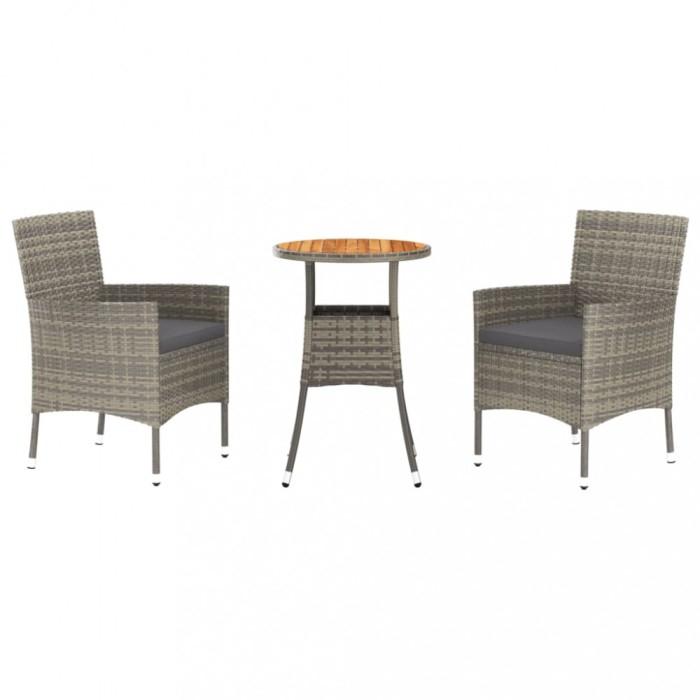 Set bistro de gradina cu perne, 3 piese, gri, poliratan