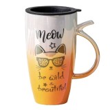 Cana inalta din ceramica cu capac Pufo Wild &amp; Beautiful, pentru cafea sau ceai, 450 ml