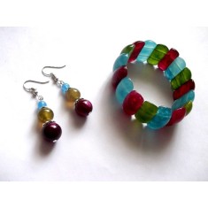 Set bratara si cercei, set cu agate albastre, verzi si rosii 44931