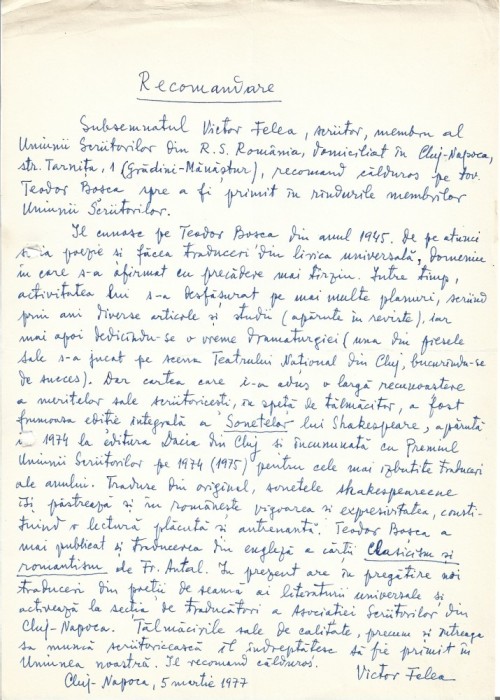 A3254N Document scris și semnat olograf de Victor Felea referitor la Teodor Boșca, 1977