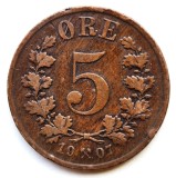 Norvegia 5 ORE 1907 moneda din bronz km # 349 tiraj mic rara regele OSCAR II