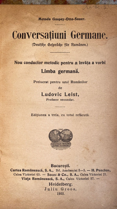 LUDOVIC LEIST,NOU CONDUCTOR METODIC PENTRU A INVATA A VORBI LIMBA GERMANA,1922s1