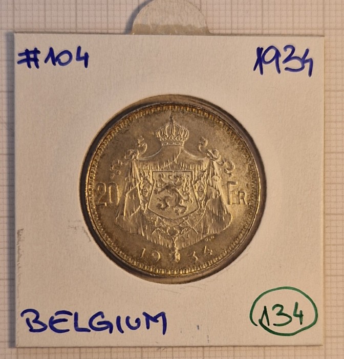 Belgium, Belgia, 20 Francs 1934,KM#104, Argint, LEOPOLD III, stare buna
