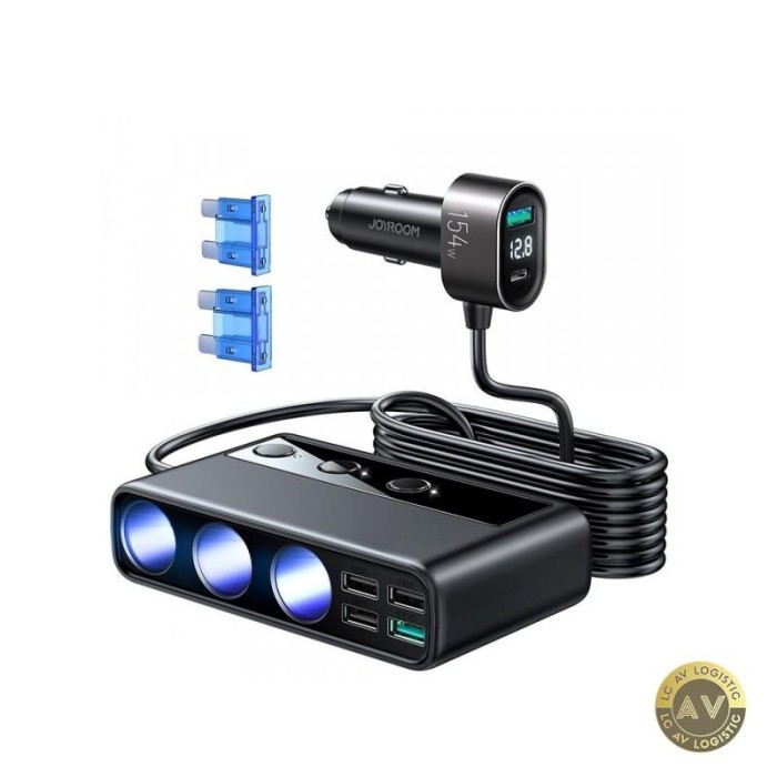 Incarcator Auto Joyroom JR-CL06 154W 3A 1 x USB-C - 4 x Extensie Bricheta - 4 x USB-A Negru JYR058BLK
