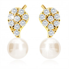 Cercei din aur de 14K cu diamante - motiv frunza, diamante clare, perle albe de apa dulce foto