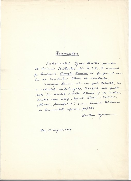 A3265N Document scris și semnat olograf de Dimitrie Ignea (Dumitru Ignea), 1969, Iași