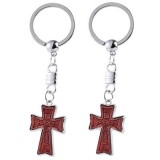 Cumpara ieftin Set 2 brelocuri crestine maro-argintiu 9.5 cm, cruci 3.5 x 2.2 cm cu imaginea lui Isus incrustata, inele metalice pentru chei, accesorii religioase un
