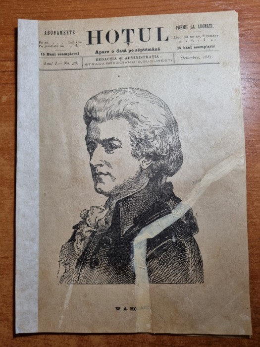 Revista &quot;HOTUL&quot;-octombrie 1887-art. w.a.mozart,v.a urechia