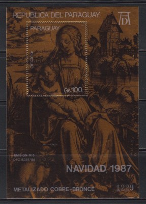 Paraguay 1987 - Crăciun - D&amp;uuml;rer, Colita PA, Metalizata cupru-bronz, F. RARA, Tiraj 5.000 foto