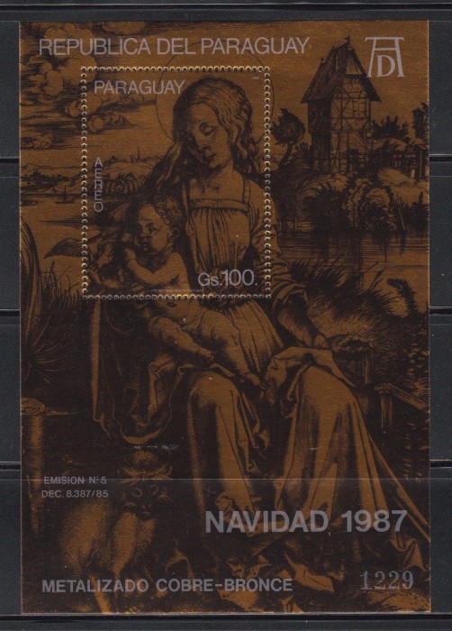 Paraguay 1987 - Crăciun - D&uuml;rer, Colita PA, Metalizata cupru-bronz, F. RARA, Tiraj 5.000