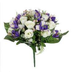 Buchet decorativ artificial cu flori de trandafiri si orhidee,34 cm