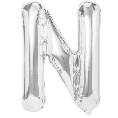 Balon folie metalizata litera n, flippy, 40 cm, umflati cu heliu sau aer, ambalaj individual, pai inclus, argintiu