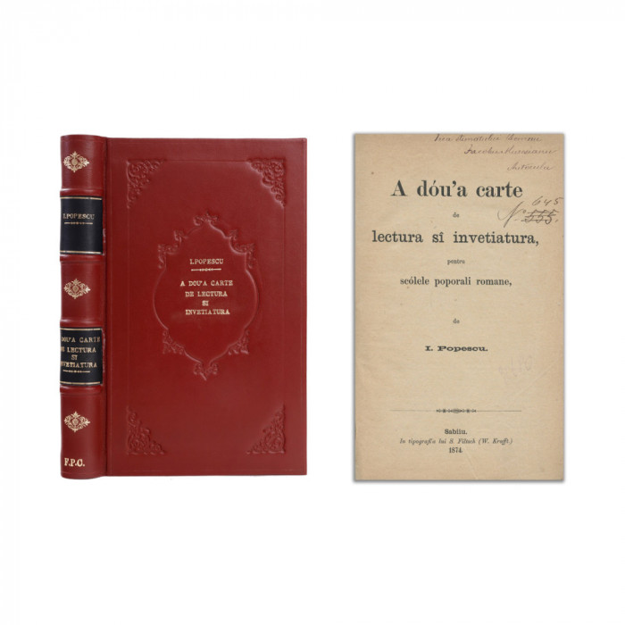 I. Popescu, A doua carte de lectură și &icirc;nvățătură pentru școlile populare rom&acirc;ne, 1874, cu dedicație pentru Iacob Mureșanu