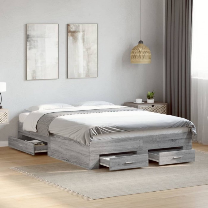 vidaXL Cadru de pat cu sertare, gri sonoma, 135x190 cm, lemn prelucrat 3280410