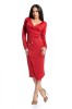 Rochie Midi Asimetrica Rosie Eleganta cu Maneci Lungi si Decolteu V, Accesorizata cu Butoni. Marimi: M, M/L, S/M, XL