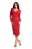 Rochie Midi Asimetrica Rosie Eleganta cu Maneci Lungi si Decolteu V, Accesorizata cu Butoni. Marimi: M, M/L, S/M, XL, M, M/L, S/M, XL